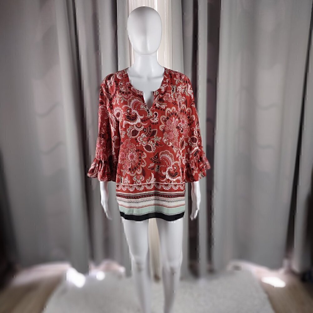 Ann Taylor Muted Red Clay Paisley Patterned Cotton Blend Bell Sleeve Top Size XL